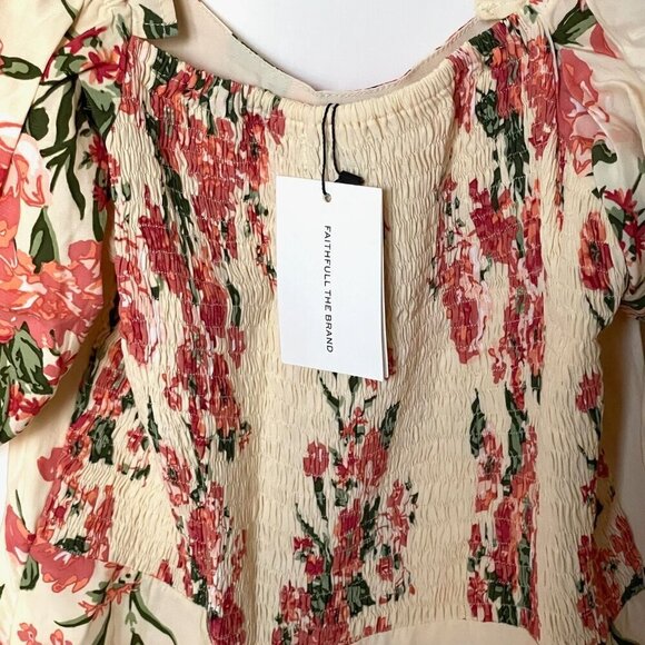 Faithfull The Brand Midi Dress Cream Pink Floral Short Puff Sleeve ALine Bronte - Picture 5 of 13